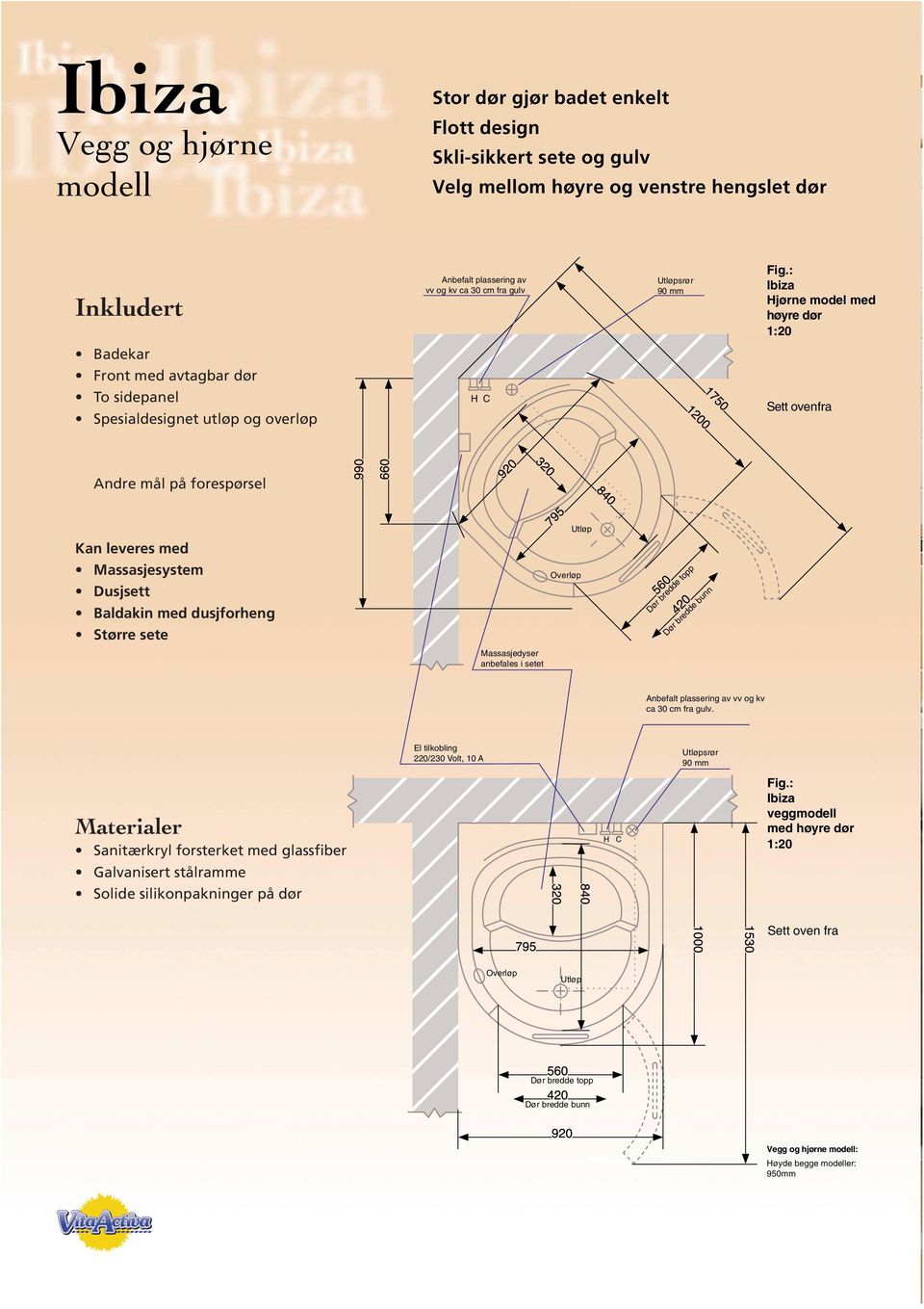 Inkludert Badekar Front med avtagbar dør To sidepanel Spesialdesignet utløp og overløp H C Ibiza Hjørne model med høyre dør 1:20 Sett ovenfra Andre mål på forespørsel Kan leveres med Massasjesystem