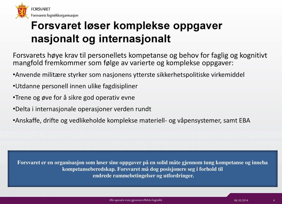 god operativ evne Delta i internasjonale operasjoner verden rundt Anskaffe, drifte og vedlikeholde komplekse materiell- og våpensystemer, samt EBA Forsvaret er en organisasjon som