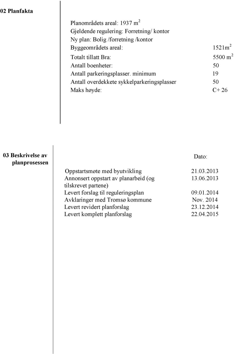 minimum 19 Antall overdekkete sykkelparkeringsplasser 50 Maks høyde: C+ 26 03 Beskrivelse av planprosessen Dato: Oppstartsmøte med byutvikling 21.03.2013 Annonsert oppstart av planarbeid (og 13.