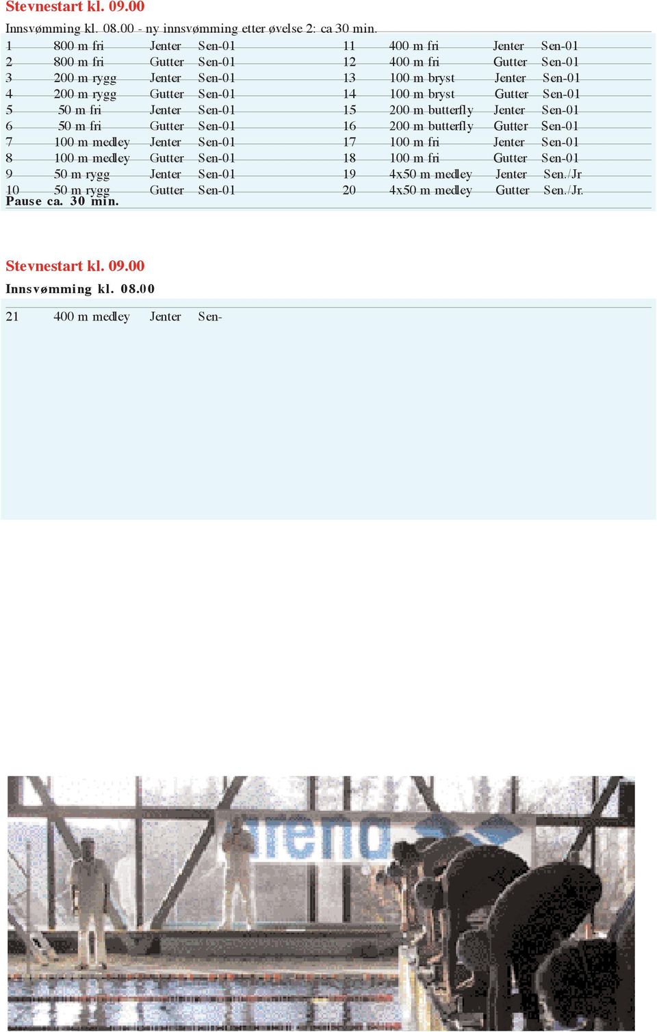 bryst Gutter Sen-01 5 50 m fri Jenter Sen-01 15 200 m butterfly Jenter Sen-01 6 50 m fri Gutter Sen-01 16 200 m butterfly Gutter Sen-01 7 100 m medley Jenter Sen-01 17 100 m fri Jenter Sen-01 8 100 m