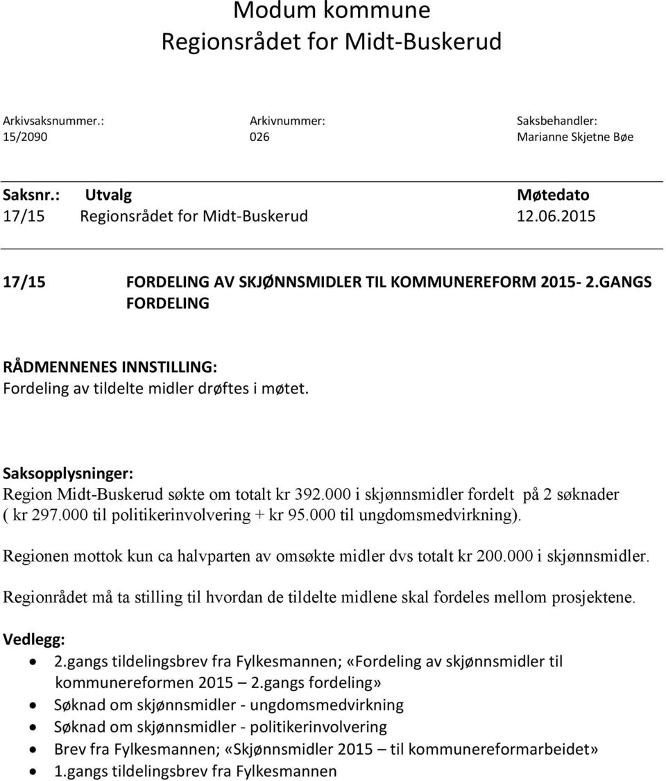 Saksopplysninger: Region Midt-Buskerud søkte om totalt kr 392.000 i skjønnsmidler fordelt på 2 søknader ( kr 297.000 til politikerinvolvering + kr 95.000 til ungdomsmedvirkning).