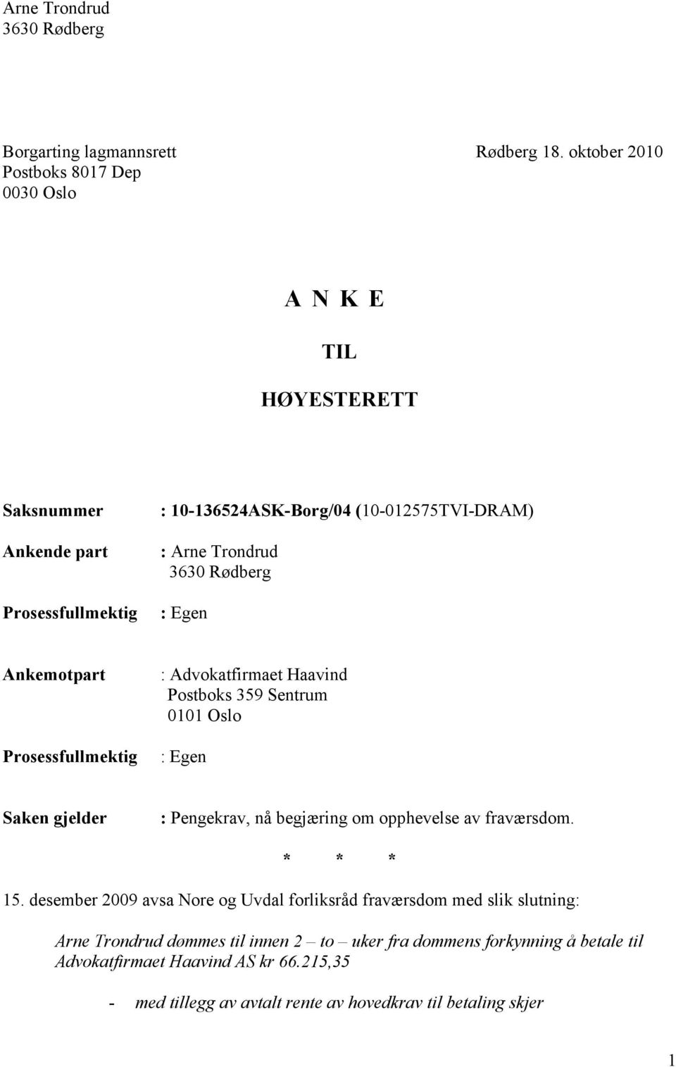 Rødberg : Egen Ankemotpart Prosessfullmektig : Advokatfirmaet Haavind Postboks 359 Sentrum 0101 Oslo : Egen Saken gjelder : Pengekrav, nå begjæring om opphevelse av