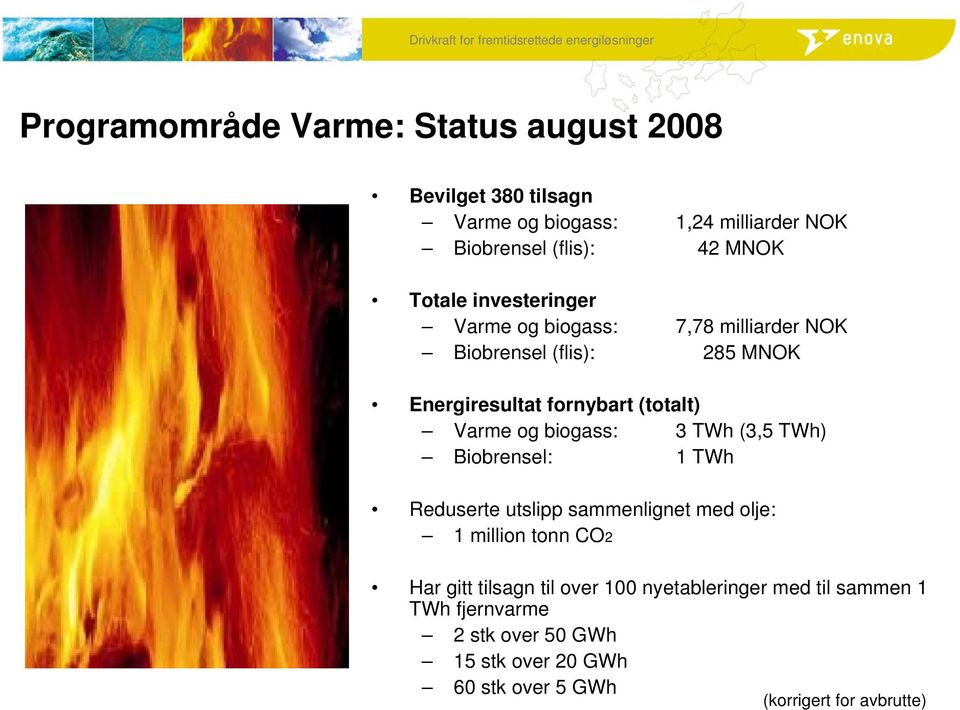 og biogass: 3 TWh (3,5 TWh) Biobrensel: 1 TWh Reduserte utslipp sammenlignet med olje: 1 million tonn CO2 Har gitt tilsagn til