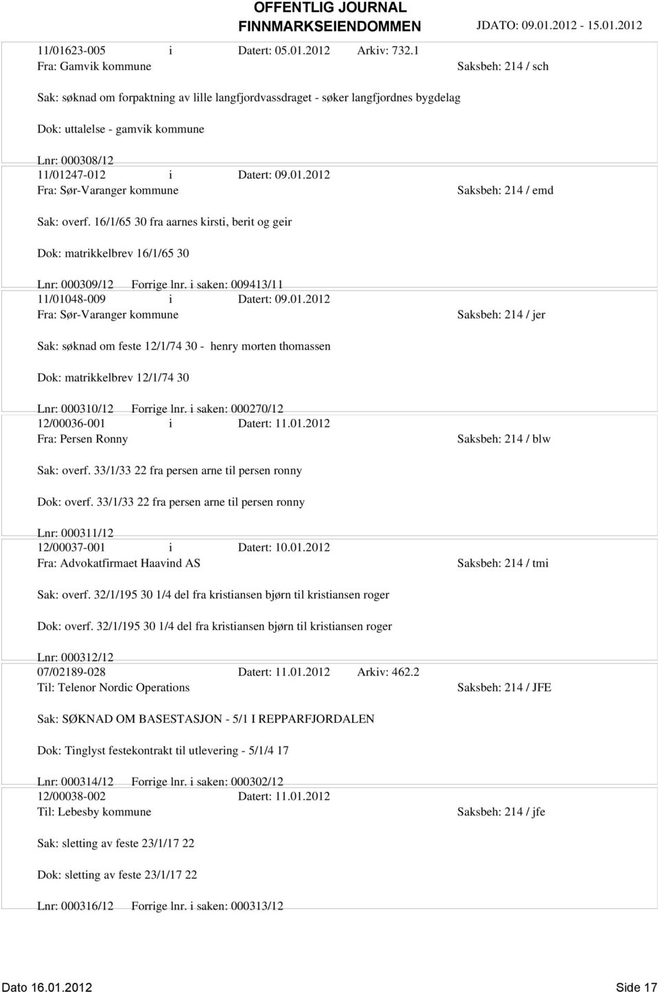 01.2012 Fra: Sør-Varanger kommune Saksbeh: 214 / emd Sak: overf. 16/1/65 30 fra aarnes kirsti, berit og geir Dok: matrikkelbrev 16/1/65 30 Lnr: 000309/12 Forrige lnr.