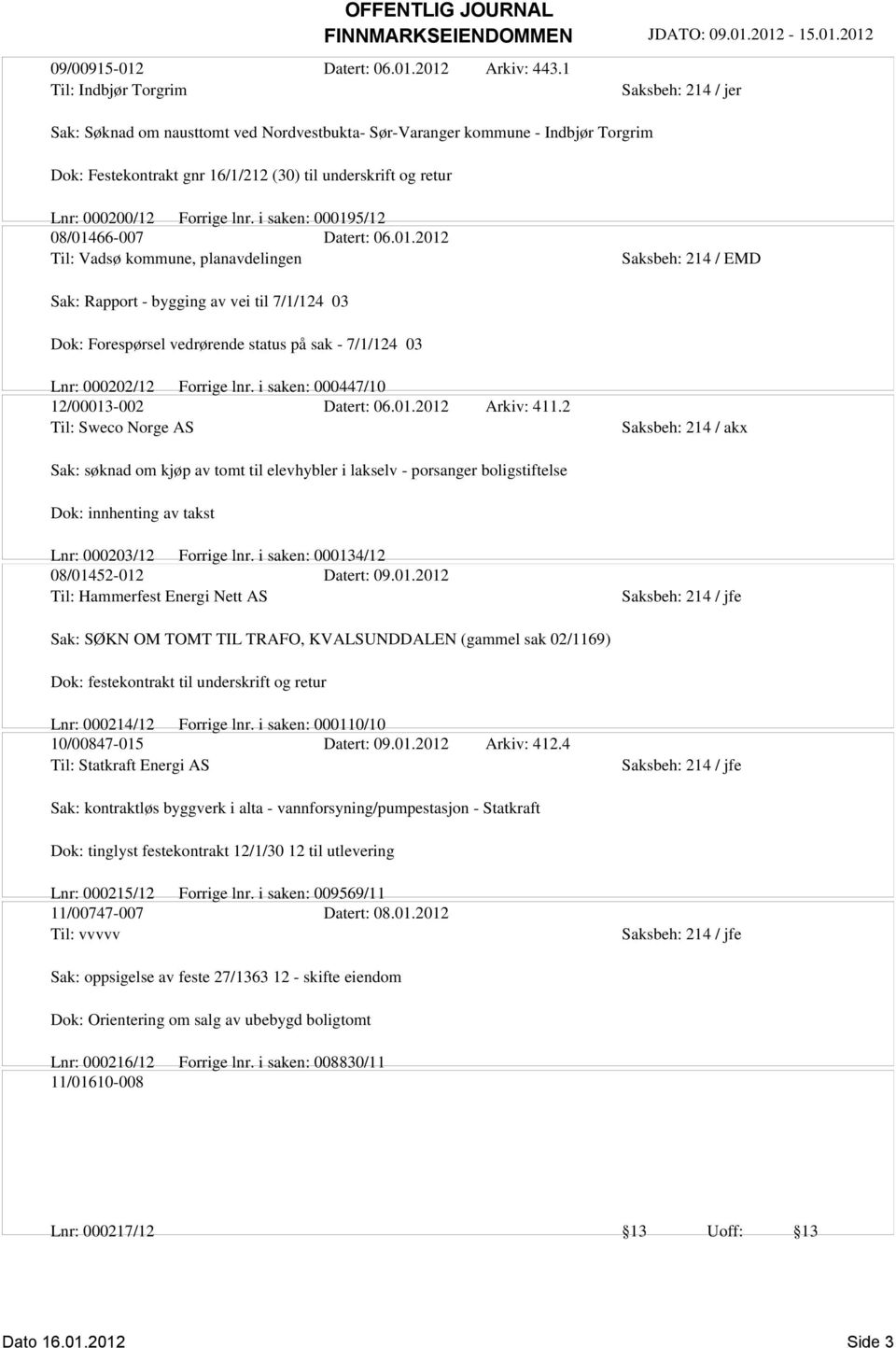 i saken: 000195/12 08/01466-007 Datert: 06.01.2012 Til: Vadsø kommune, planavdelingen Saksbeh: 214 / EMD Sak: Rapport - bygging av vei til 7/1/124 03 Dok: Forespørsel vedrørende status på sak - 7/1/124 03 Lnr: 000202/12 Forrige lnr.