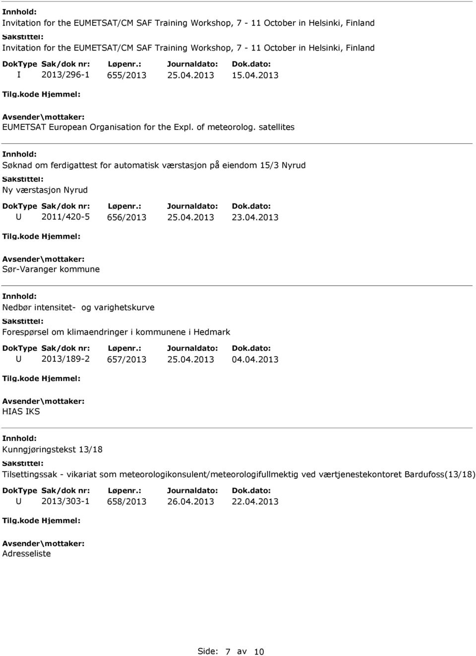 satellites Søknad om ferdigattest for automatisk værstasjon på eiendom 15/3 Nyrud Ny værstasjon Nyrud 2011/420-5 656/2013 Sør-Varanger kommune Nedbør intensitet- og