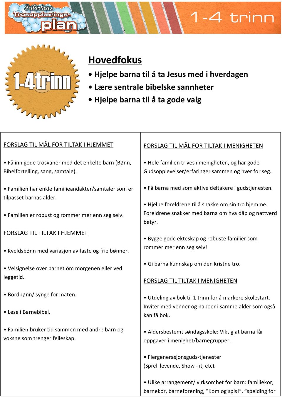 FORSLAG TIL TILTAK I HJEMMET Kveldsbønn med variasjon av faste og frie bønner. Velsignelse over barnet om morgenen eller ved leggetid. Bordbønn/ synge for maten. Lese i Barnebibel.