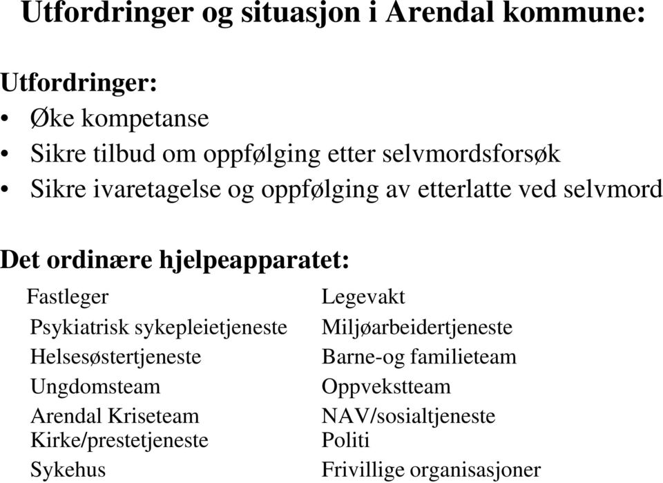 Fastleger Psykiatrisk sykepleietjeneste Helsesøstertjeneste Ungdomsteam Arendal Kriseteam Kirke/prestetjeneste