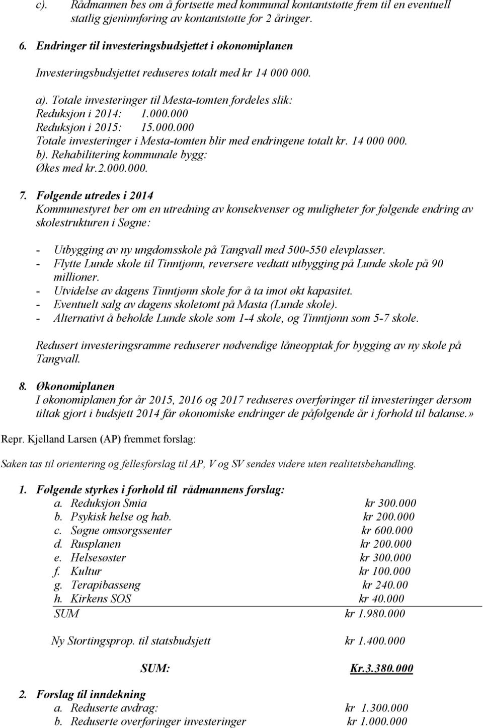 000.000 Totale investeringer i Mesta-tomten blir med endringene totalt kr. 14 000 000. b). Rehabilitering kommunale bygg: Økes med kr.2.000.000. 7.