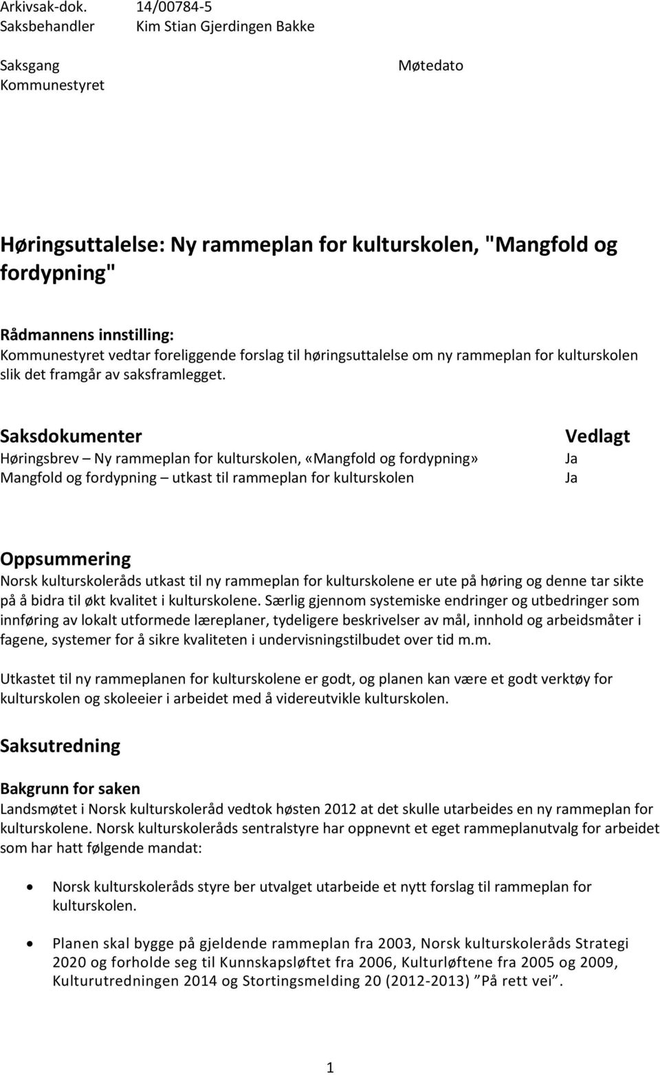 vedtar foreliggende forslag til høringsuttalelse om ny rammeplan for kulturskolen slik det framgår av saksframlegget.