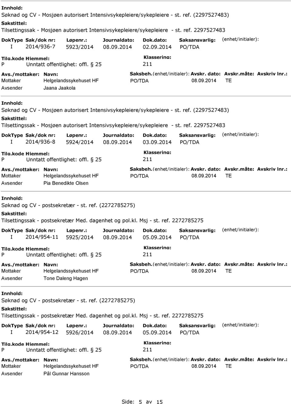 (2297527483) Tilsettingssak - Mosjøen autorisert ntensivsykepleiere/sykepleiere - st. ref. 2297527483 2014/936-8 5924/2014 03.09.2014 Avs./mottaker: Navn: Saksbeh. Avskr. dato: Avskr.