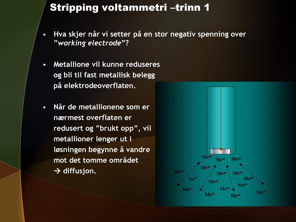 Metallione vil kunne reduseres og bli til fast metallisk belegg på elektrodeoverflaten.