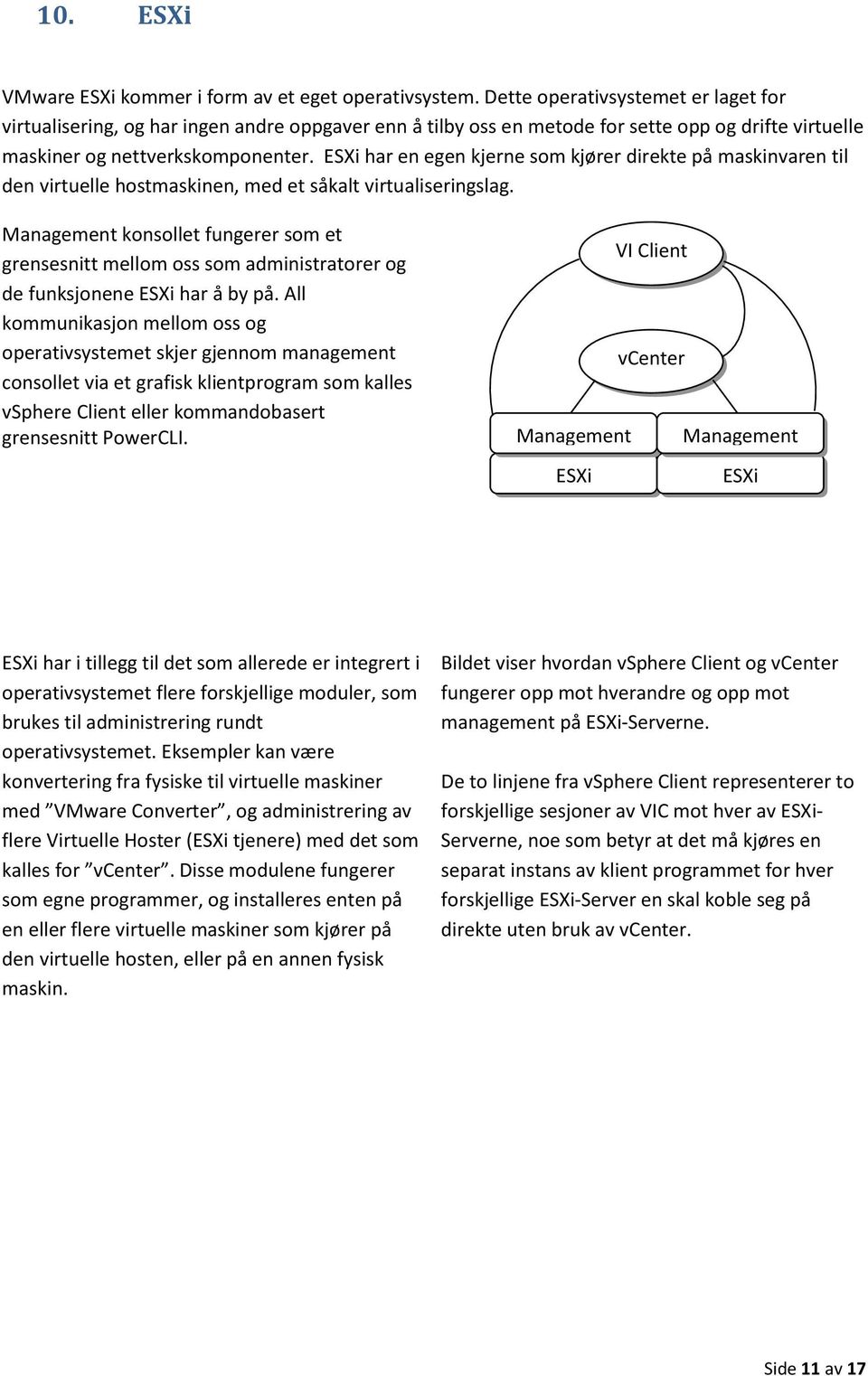 ESXi har en egen kjerne som kjører direkte på maskinvaren til den virtuelle hostmaskinen, med et såkalt virtualiseringslag.