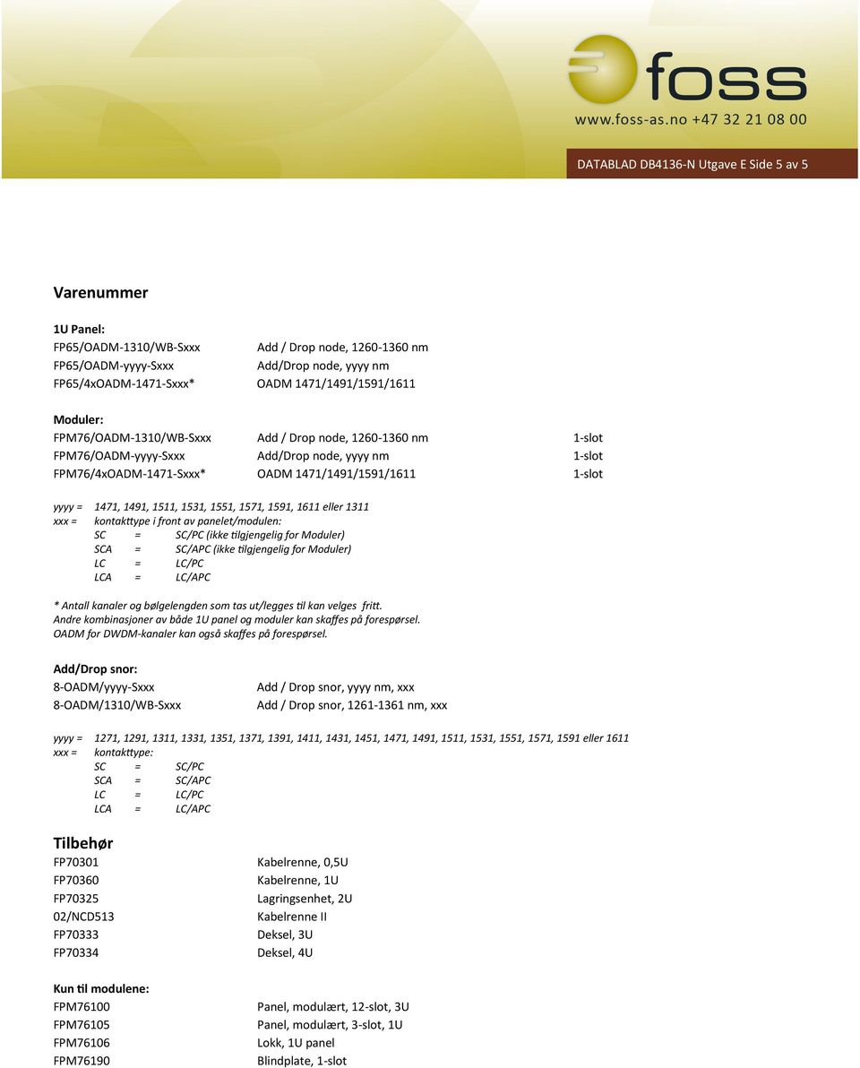 1611 eller 1311 xxx = kontakttype i front av panelet/modulen: SC = SC/PC (ikke tilgjengelig for Moduler) SCA = SC/APC (ikke tilgjengelig for Moduler) LC = LC/PC LCA = LC/APC * Antall kanaler og
