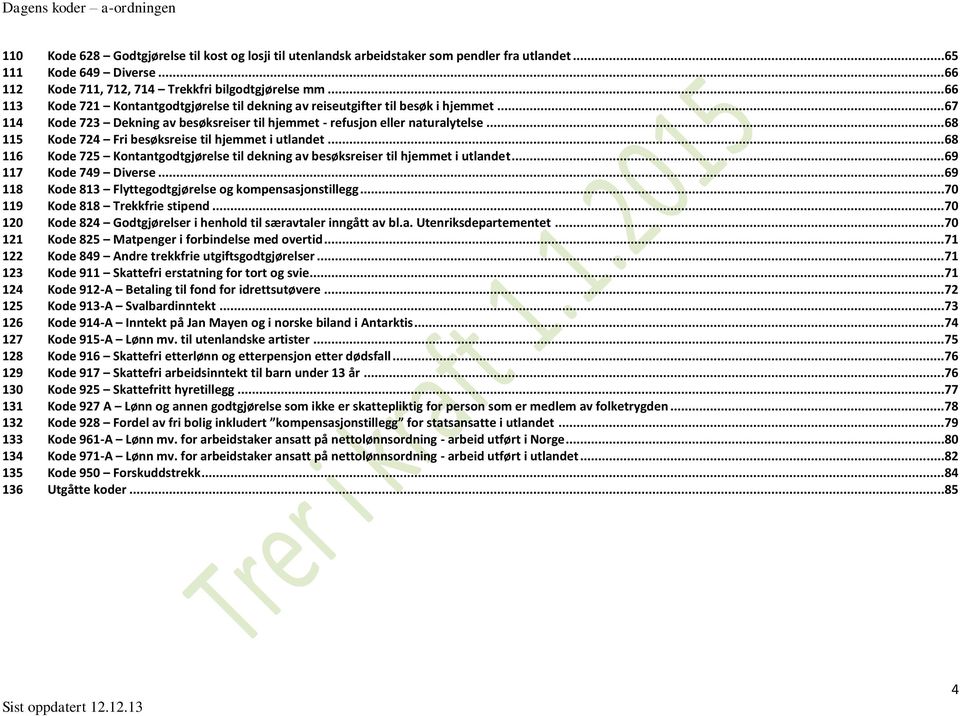 .. 68 115 Kode 724 Fri besøksreise til hjemmet i utlandet... 68 116 Kode 725 Kontantgodtgjørelse til dekning av besøksreiser til hjemmet i utlandet... 69 117 Kode 749 Diverse.
