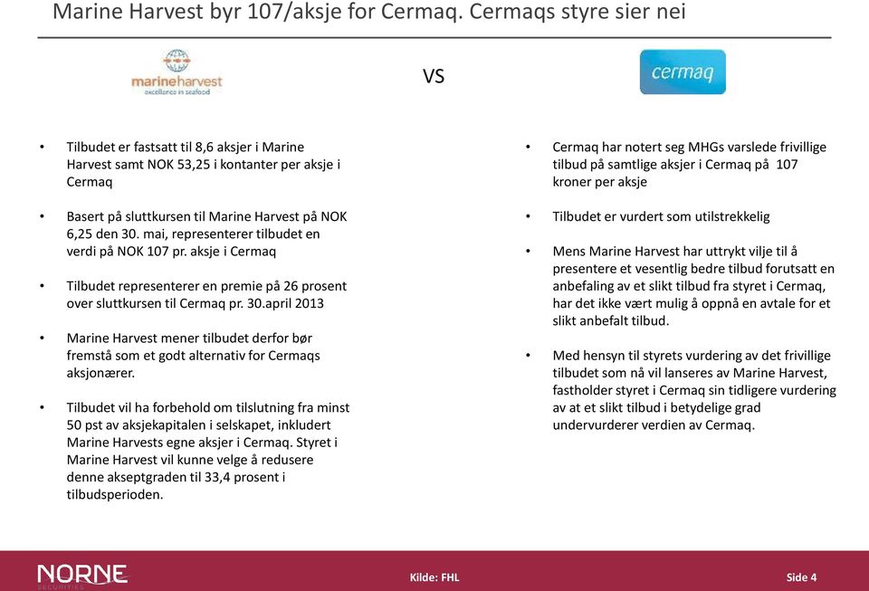 mai, representerer tilbudet en verdi på NOK 107 pr. aksje i Cermaq Tilbudet representerer en premie på 26 prosent over sluttkursen til Cermaq pr. 30.