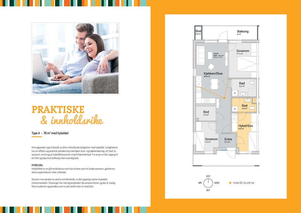 Leilighetene har en effektiv og praktisk planløsning med åpen stue- og kjøkkenløsning, ett bad, to soverom, entré og en hybeldel/soverom med tilhørende bad.