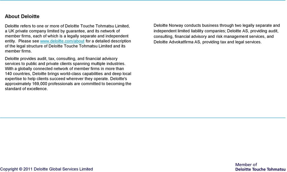 Deloitte provides audit, tax, consulting, and financial advisory services to public and private clients spanning multiple industries.