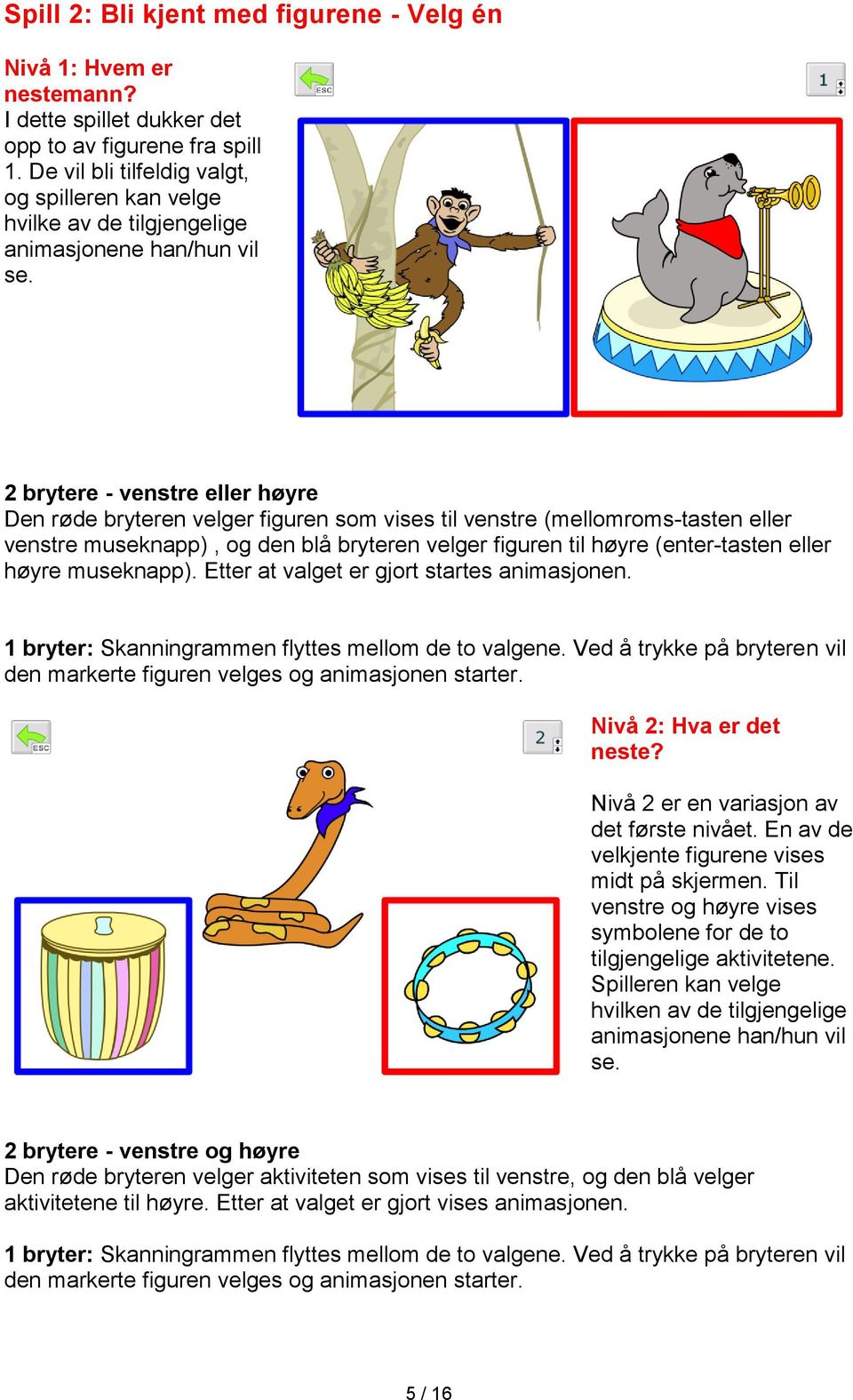 2 brytere - venstre eller høyre Den røde bryteren velger figuren som vises til venstre (mellomroms-tasten eller venstre museknapp), og den blå bryteren velger figuren til høyre (enter-tasten eller