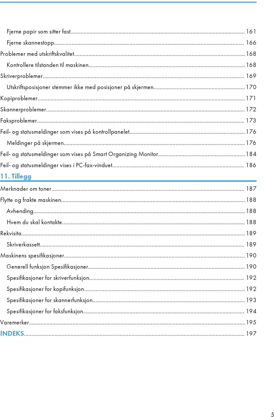 ..176 Meldinger på skjermen...176 Feil- og statusmeldinger som vises på Smart Organizing Monitor...184 Feil- og statusmeldinger vises i PC-fax-vinduet... 186 11. Tillegg Merknader om toner.