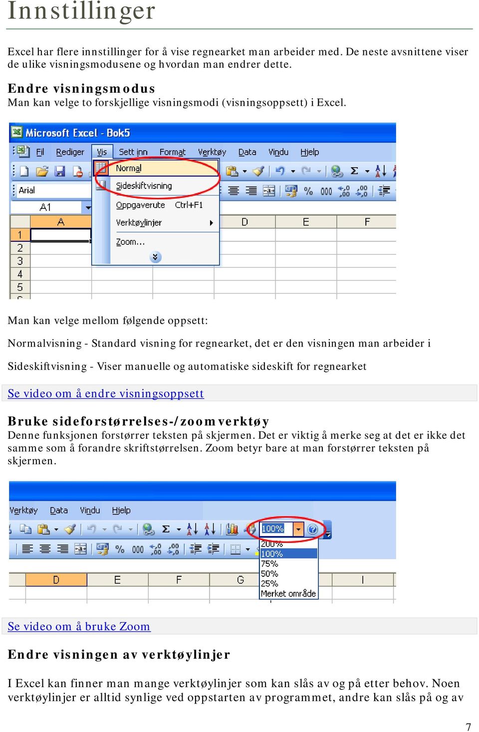 Man kan velge mellom følgende oppsett: Normalvisning - Standard visning for regnearket, det er den visningen man arbeider i Sideskiftvisning - Viser manuelle og automatiske sideskift for regnearket