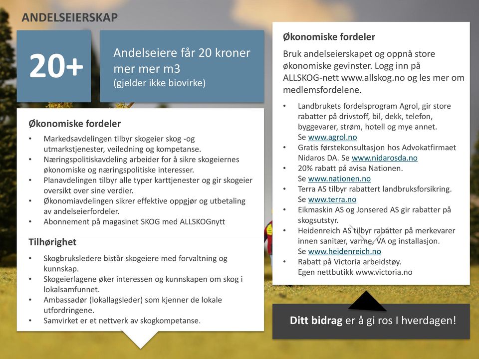 Økonomiavdelingen sikrer effektive oppgjør og utbetaling av andelseierfordeler. Abonnement på magasinet SKOG med ALLSKOGnytt Tilhørighet Skogbruksledere bistår skogeiere med forvaltning og kunnskap.