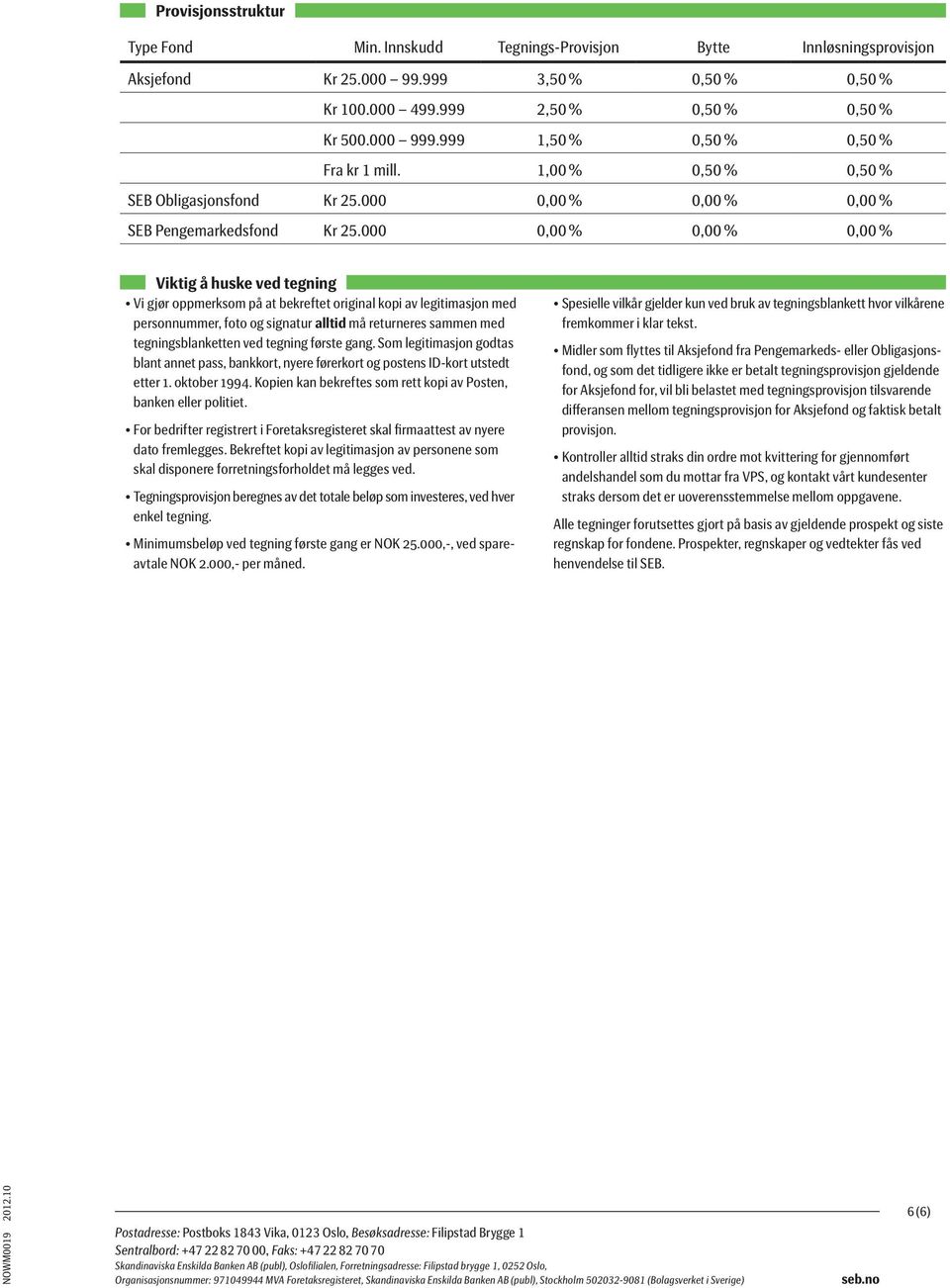 000 0,00 % 0,00 % 0,00 % Viktig å huske ved tegning Vi gjør oppmerksom på at bekreftet original kopi av legitimasjon med personnummer, foto og signatur alltid må returneres sammen med