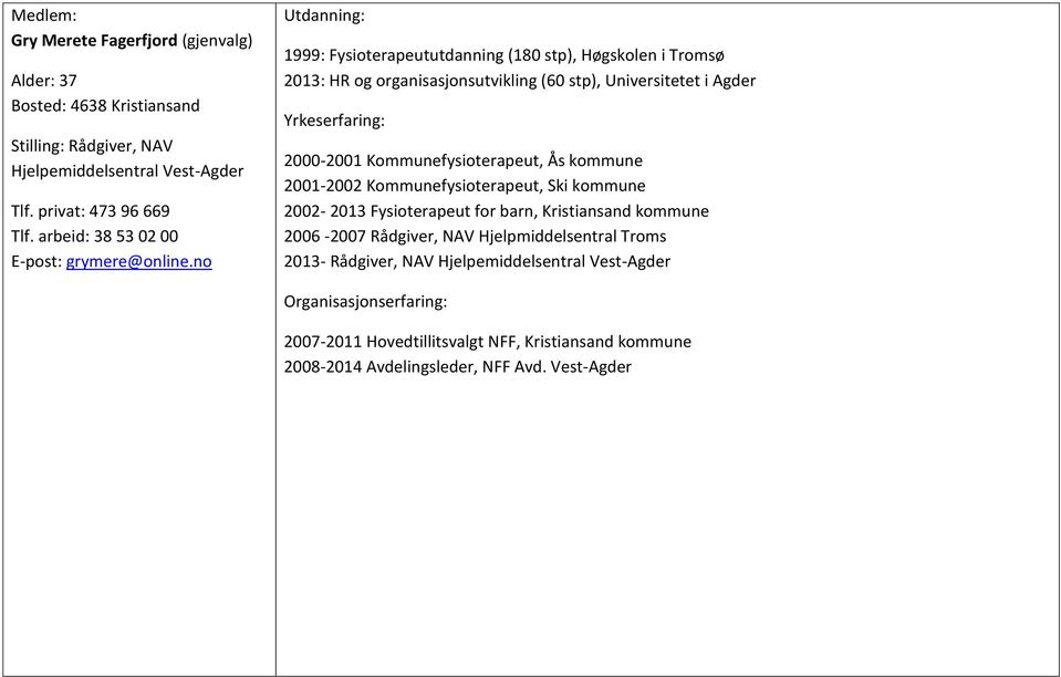 no 1999: Fysioterapeututdanning (180 stp), Høgskolen i Tromsø 2013: HR og organisasjonsutvikling (60 stp), Universitetet i Agder 2000-2001 Kommunefysioterapeut, Ås