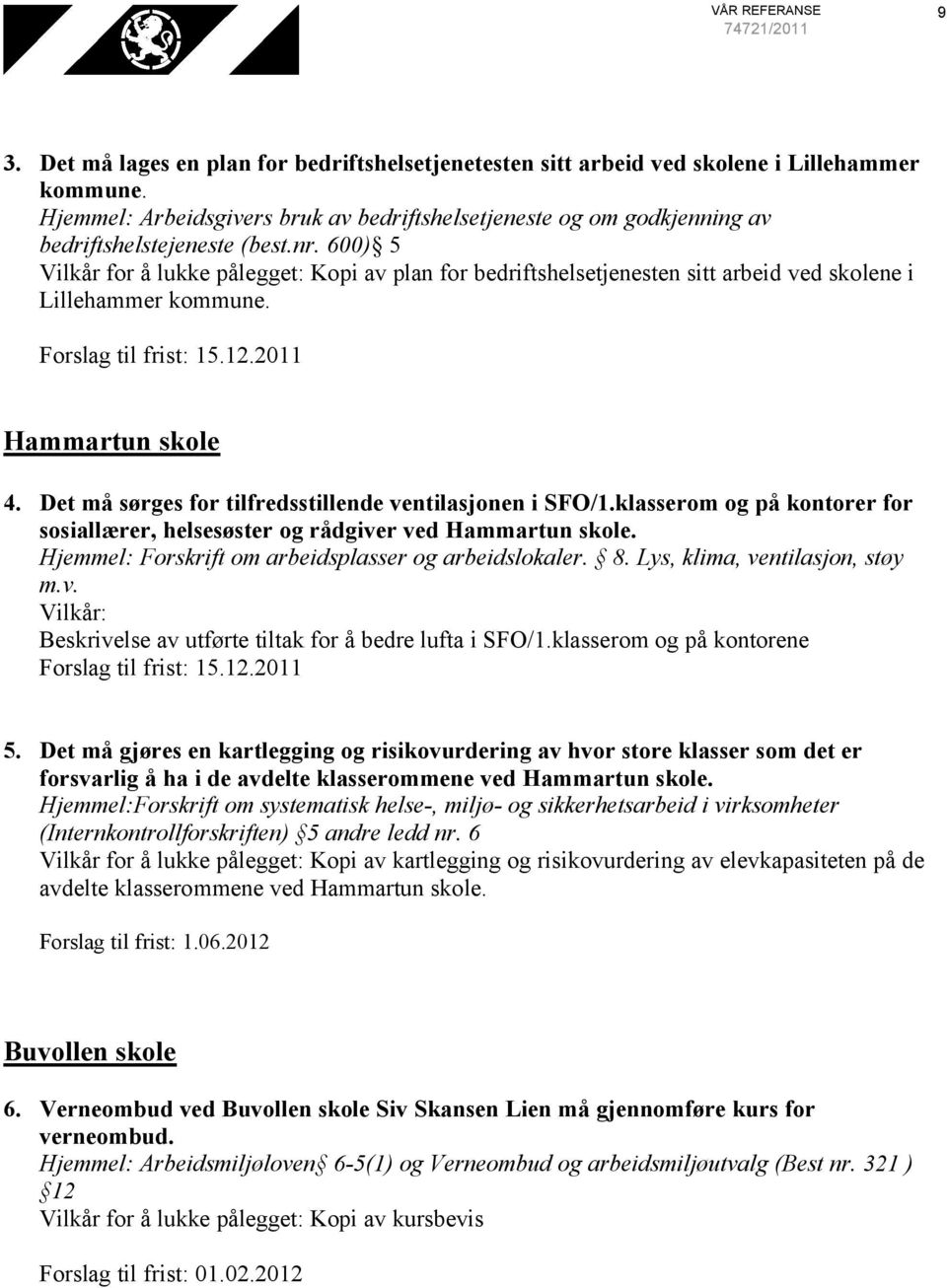 600) 5 Vilkår for å lukke pålegget: Kopi av plan for bedriftshelsetjenesten sitt arbeid ved skolene i Lillehammer kommune. Forslag til frist: 15.12.2011 Hammartun skole 4.