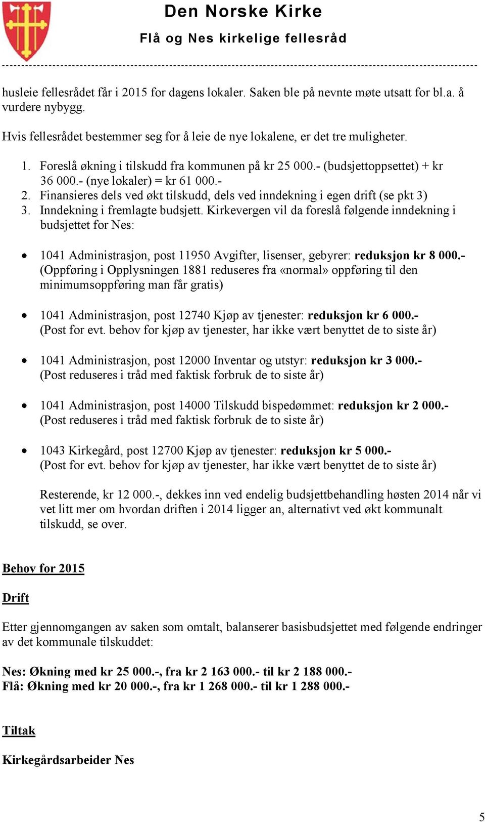 Inndekning i fremlagte budsjett. Kirkevergen vil da foreslå følgende inndekning i budsjettet for Nes: 1041 Administrasjon, post 11950 Avgifter, lisenser, gebyrer: reduksjon kr 8 000.