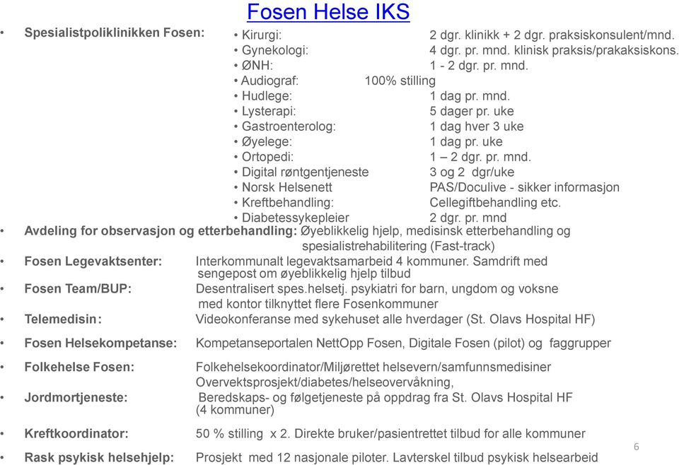 Digital røntgentjeneste 3 og 2 dgr/uke Norsk Helsenett PAS/Doculive - sikker informasjon Kreftbehandling: Cellegiftbehandling etc. Diabetessykepleier 2 dgr. pr.