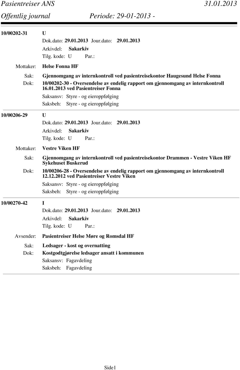 Drammen - Vestre Viken HF Sykehuset Buskerud 10/00206-28 - Oversendelse av endelig rapport om gjennomgang av internkontroll 12.