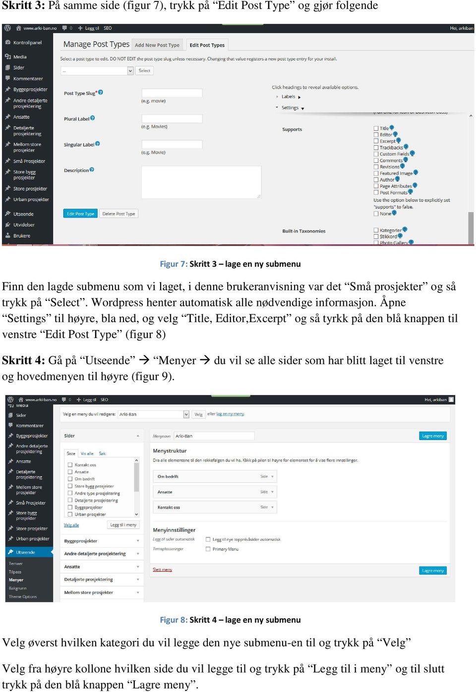 Åpne Settings til høyre, bla ned, og velg Title, Editor,Excerpt og så tyrkk på den blå knappen til venstre Edit Post Type (figur 8) Skritt 4: Gå på Utseende Menyer du vil se alle sider som har