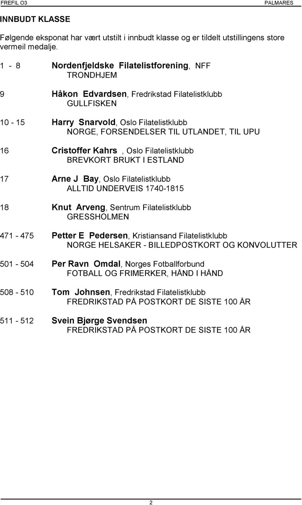 Cristoffer Kahrs, Oslo Filatelistklubb BREVKORT BRUKT I ESTLAND 17 Arne J Bay, Oslo Filatelistklubb ALLTID UNDERVEIS 1740-1815 18 Knut Arveng, Sentrum Filatelistklubb GRESSHOLMEN 471-475 Petter E