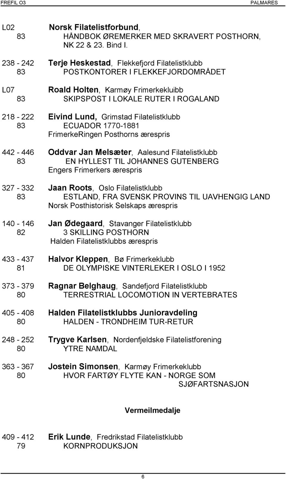 Filatelistklubb 83 ECUADOR 1770-1881 FrimerkeRingen Posthorns ærespris 442-446 Oddvar Jan Melsæter, Aalesund Filatelistklubb 83 EN HYLLEST TIL JOHANNES GUTENBERG Engers Frimerkers ærespris 327-332