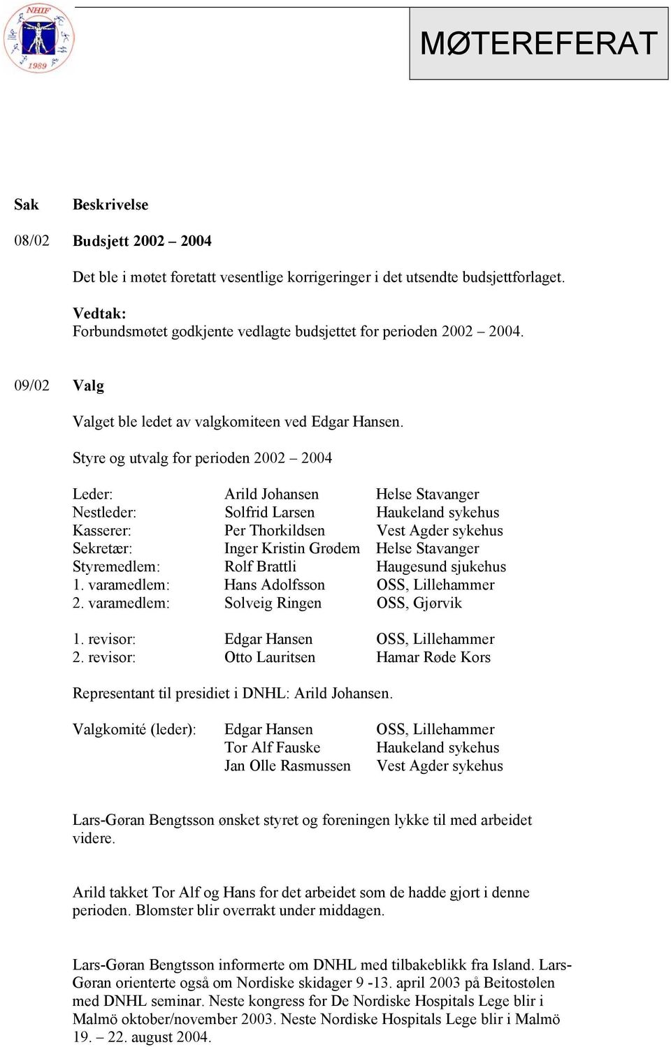 Styre og utvalg for perioden 2002 2004 Leder: Arild Johansen Helse Stavanger Nestleder: Solfrid Larsen Haukeland sykehus Kasserer: Per Thorkildsen Vest Agder sykehus Sekretær: Inger Kristin Grødem