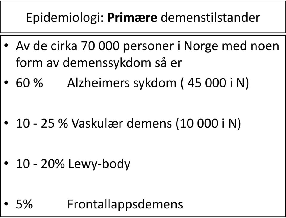 er 60 % Alzheimers sykdom ( 45 000 i N) 10-25 %