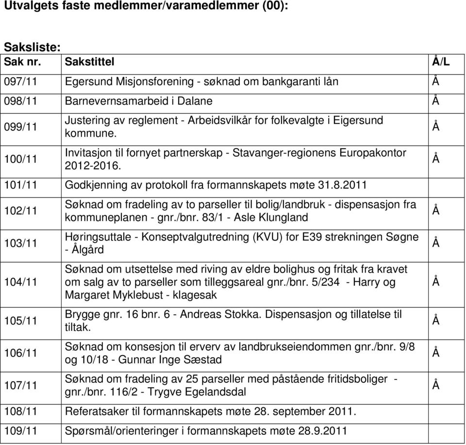 kommune. Invitasjon til fornyet partnerskap - Stavanger-regionens Europakontor 2012-2016. 101/11 Godkjenning av protokoll fra formannskapets møte 31.8.
