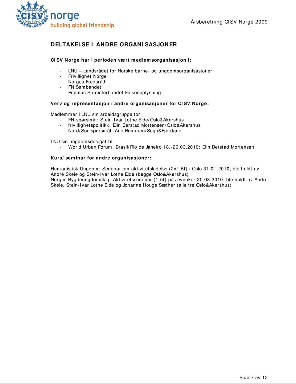 Eide/Oslo&Akershus - frivillighetspolitikk: Elin Berstad Mortensen/Oslo&Akershus - Nord/Sør-spørsmål: Ane Rømmen/Sogn&Fjordane LNU sin ungdomsdelegat til: - World Urban Forum, Brasil/Rio de Janeiro