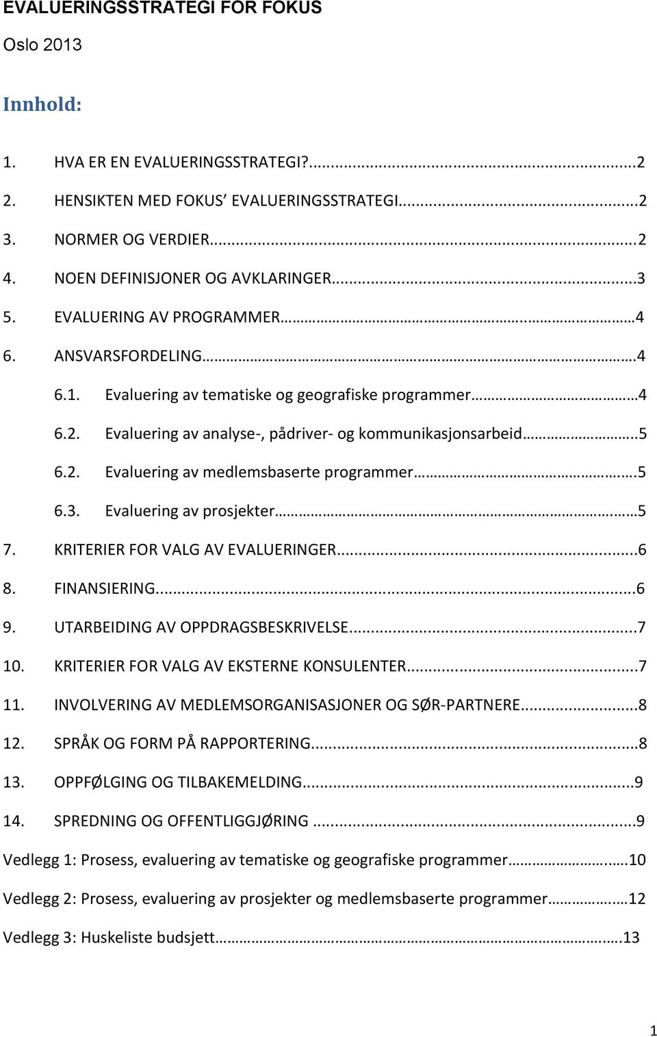 .5 6.3. Evaluering av prosjekter. 5 7. KRITERIER FOR VALG AV EVALUERINGER...6 8. FINANSIERING...6 9. UTARBEIDING AV OPPDRAGSBESKRIVELSE...7 10. KRITERIER FOR VALG AV EKSTERNE KONSULENTER...7 11.