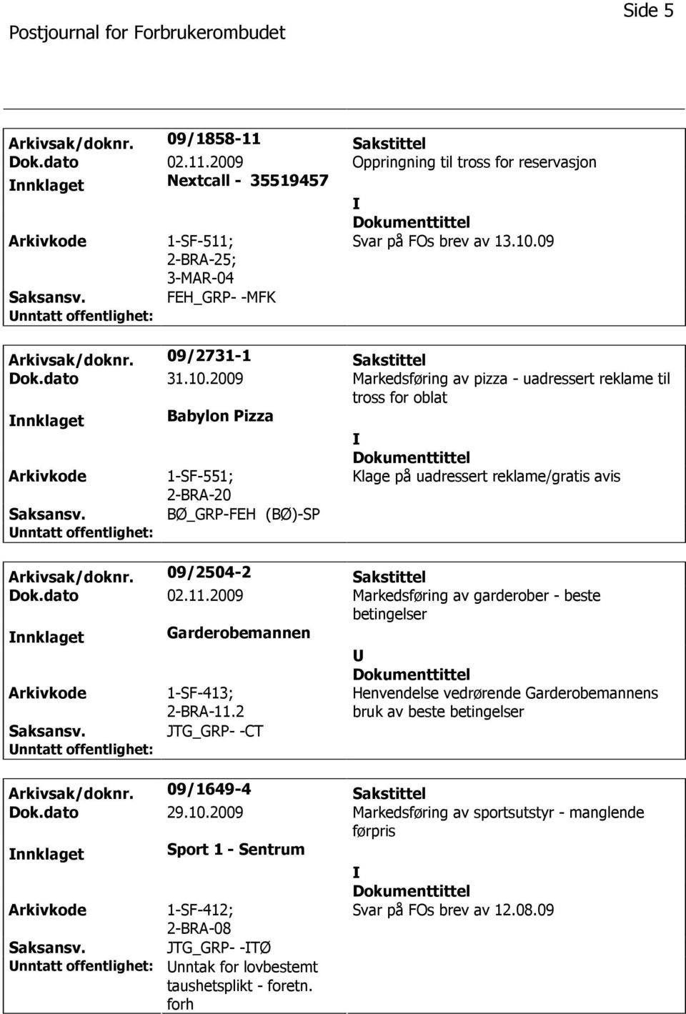 2009 Markedsføring av pizza - uadressert reklame til tross for oblat nnklaget Babylon Pizza 1-SF-551; 2-BRA-20 Klage på uadressert reklame/gratis avis BØ_GRP-FEH (BØ)-SP Arkivsak/doknr.