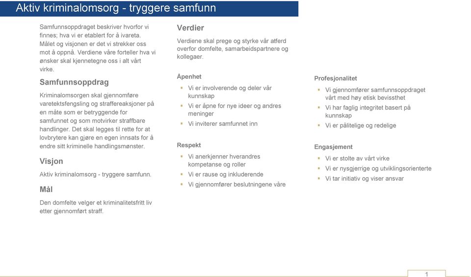 Samfunnsoppdrag Kriminalomsorgen skal gjennomføre varetektsfengsling og straffereaksjoner på en måte som er betryggende for samfunnet og som motvirker straffbare handlinger.