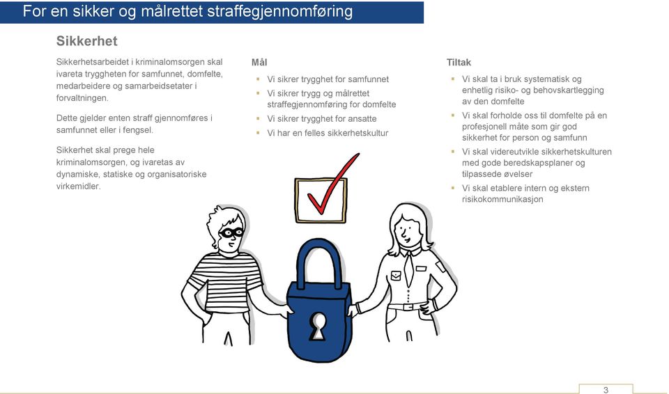 Vi sikrer trygghet for samfunnet Vi sikrer trygg og målrettet straffegjennomføring for domfelte Vi sikrer trygghet for ansatte Vi har en felles sikkerhetskultur Vi skal ta i bruk systematisk og