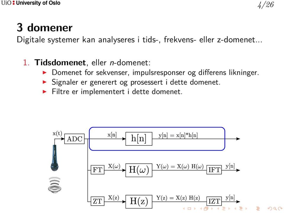 Tidsdomenet, eller n-domenet: Domenet for sekvenser, impulsresponser