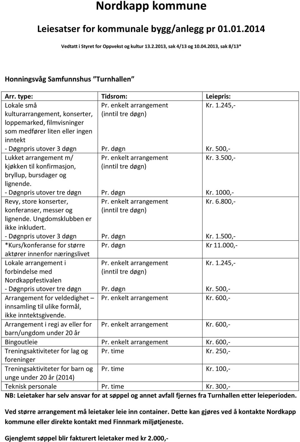 arrangement m/ til konfirmasjon, bryllup, bursdager og - Døgnpris utover tre døgn Revy, store konserter, konferanser, messer og Ungdomsklubben er ikke inkludert.