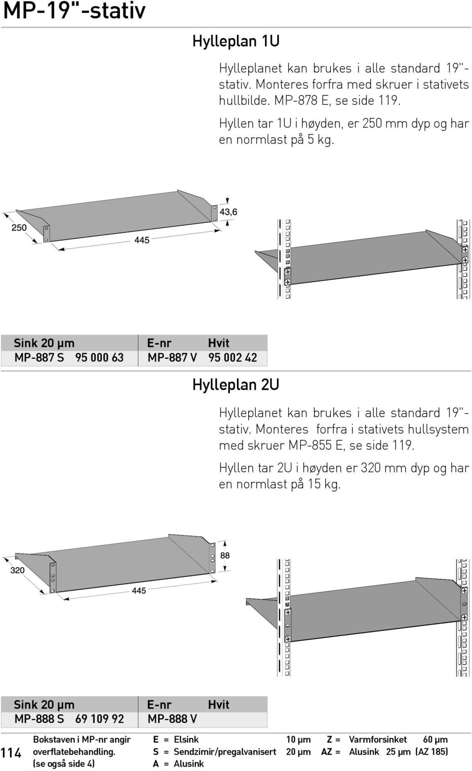 Sink 20 µm E-nr Hvit E-nr MP-887 S 95 000 63 MP-887 V 95 002 42 Hylleplan 2U Hylleplanet kan brukes i alle standard 19"- stativ.