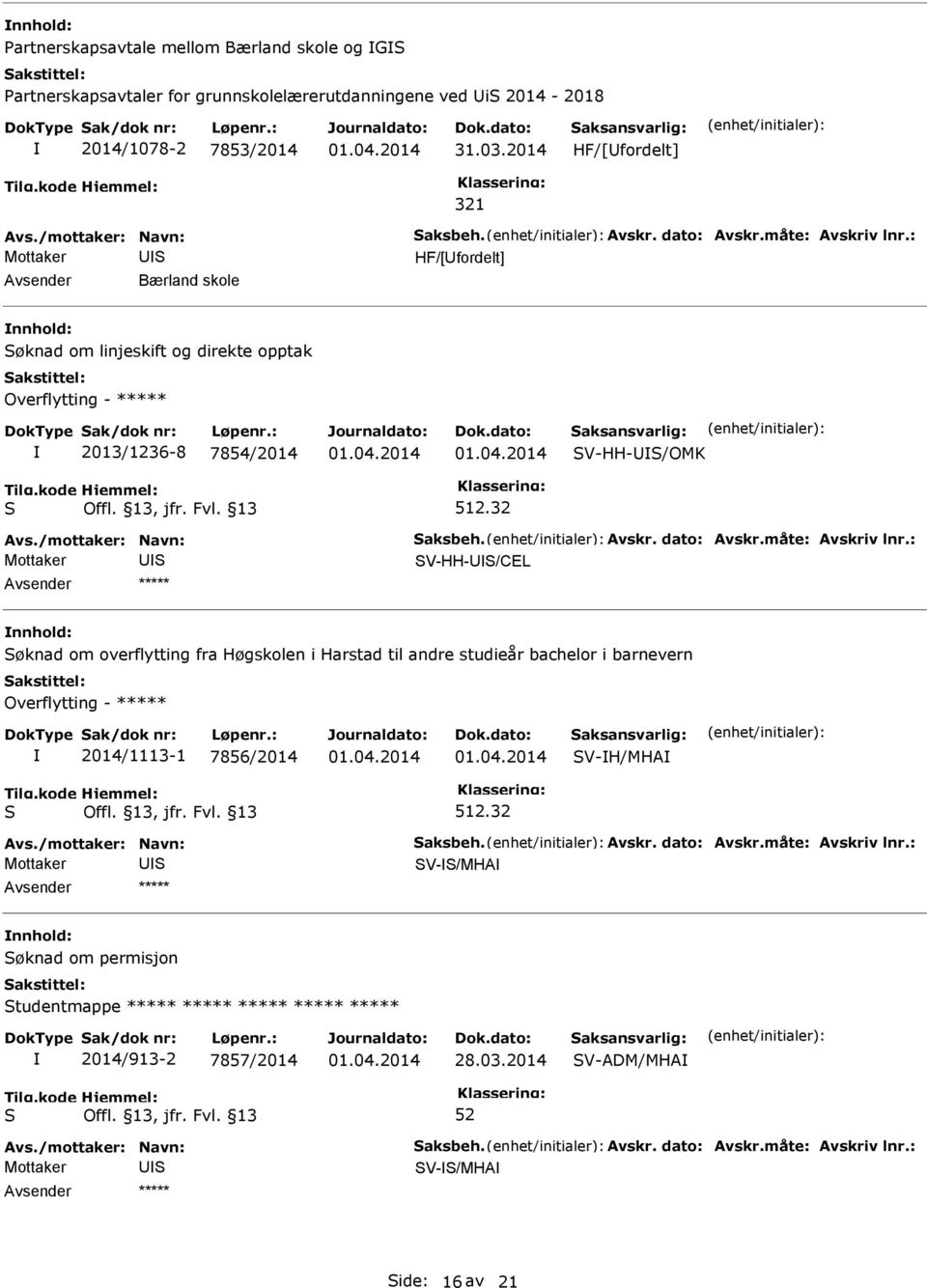 512.32 V-HH-/CEL øknad om overflytting fra Høgskolen i Harstad til andre studieår bachelor i barnevern Overflytting - ***** 2014/1113-1