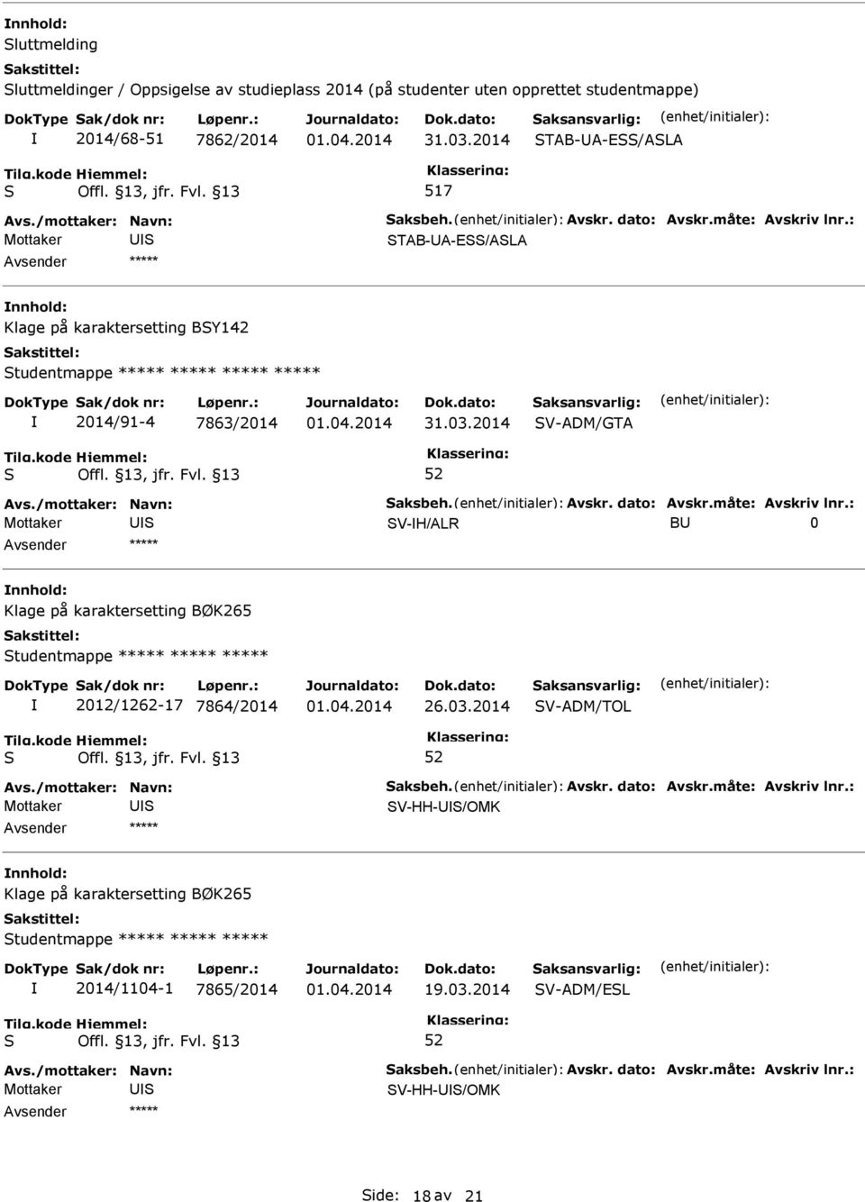 V-H/ALR B 0 Klage på karaktersetting BØK265 tudentmappe ***** ***** ***** 2012/1262-17 7864/2014 26.03.