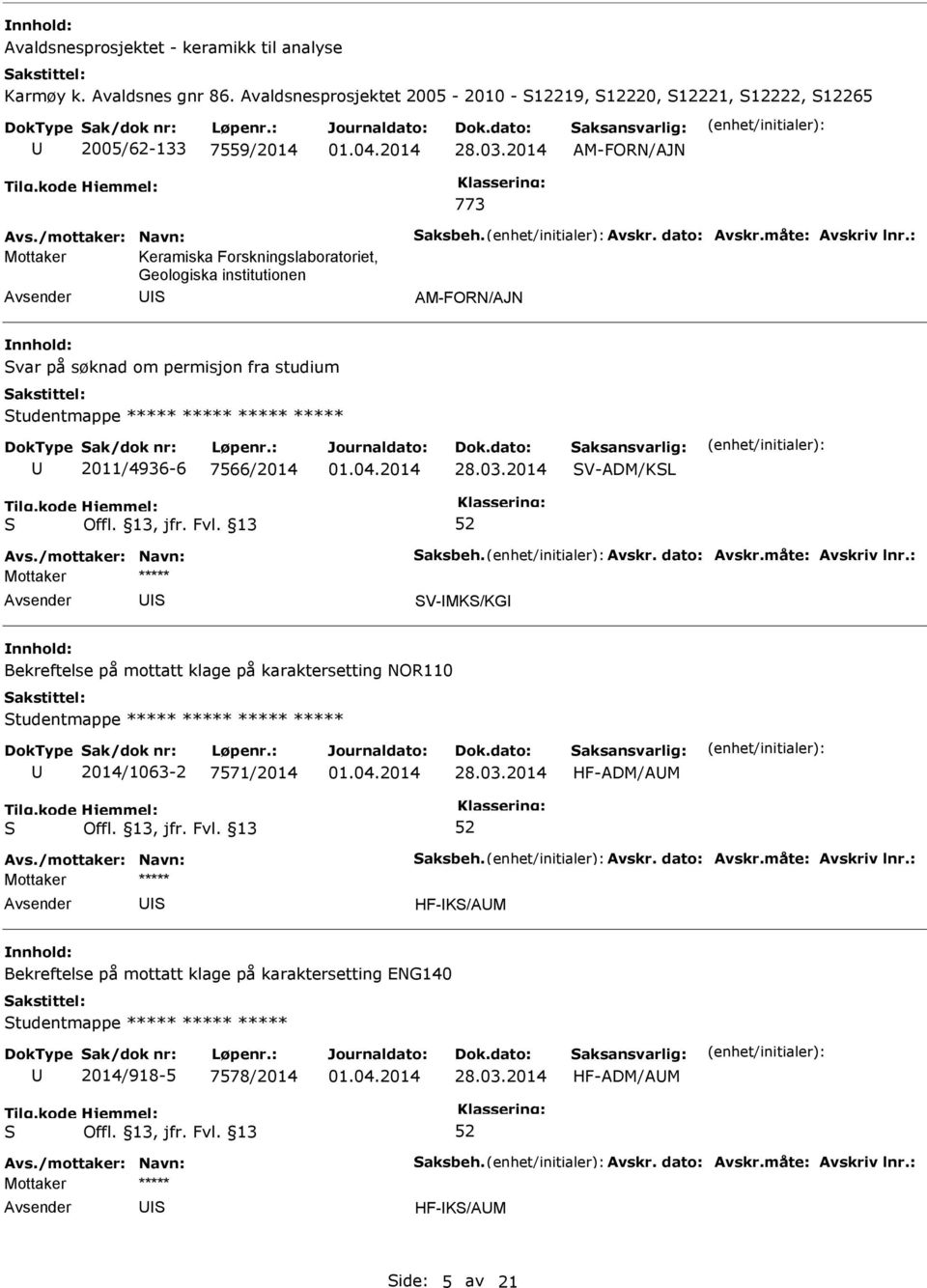 institutionen AM-FORN/AJN var på søknad om permisjon fra studium tudentmappe ***** ***** ***** ***** 2011/4936-6 7566/2014 V-ADM/KL V-MK/KG Bekreftelse på