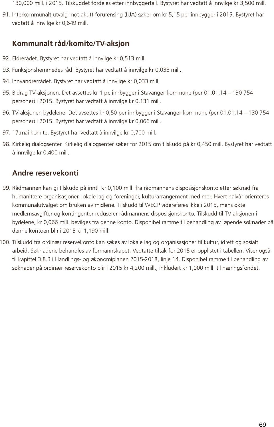 Bystyret har vedtatt å innvilge kr 0,513 mill. 93. Funksjonshemmedes råd. Bystyret har vedtatt å innvilge kr 0,033 mill. 94. Innvandrerrådet. Bystyret har vedtatt å innvilge kr 0,033 mill. 95.